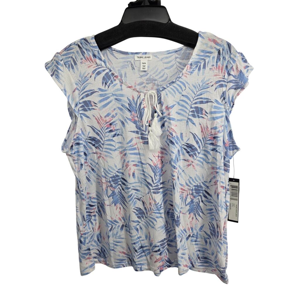 Tribal NEW Seashore Tropical Leaf Print Blouse White Blue Pink Size XL Vacation